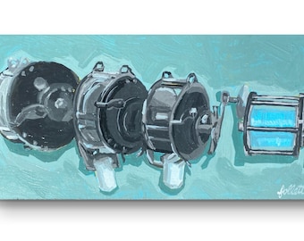 12x6” Acrylic Painting On Hardboard Original Vintage Fishing Reels