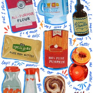 May include: An illustrated recipe with ingredients like flour, butter, pumpkin, and vanilla. A blue mug with the text "ANY HAPPY RETURNS" is also shown. The recipe includes instructions for baking.