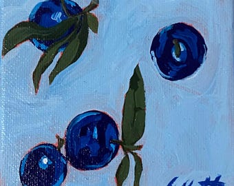 Original Blueberry Fruit Painting: Whimsical Kitchen Art (4x4 Inch Canvas)