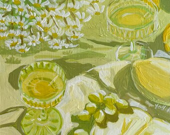 Picnic Print, Daisies Grapes Lemons, Whimsical Kitchen Decor (6x6 inches)