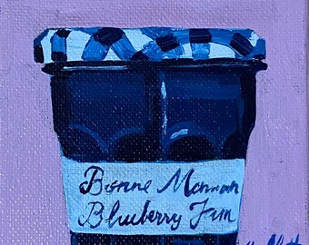 Original Bonne Maman Blueberry Jelly Jar Painting – Miniature Kitchen Decor Canvas