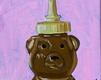 Original Honey Bear Still Life Painting, Whimsical Kitchen Art (4x4 Inch Canvas)