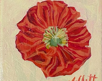 Miniature Poppy Floral Painting: Red and Yellow Still Life Art (4x4 Gallery Canvas)