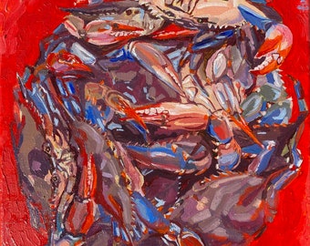 12x12” Acrylic Bucket of Blue Crab Ocean Beach Original Artwork Painting