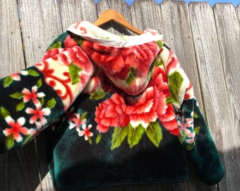 Handmade Upcycled Hooded Chore Coat Roses