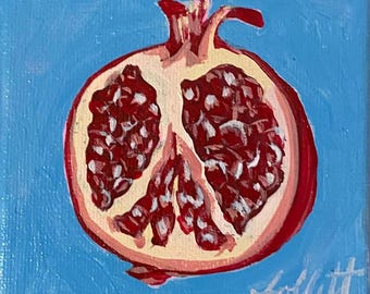 Original Pomegranate Still Life Painting, Miniature Kitchen Decor Art (4x4 Inch Canvas)
