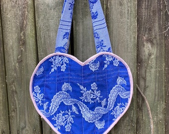 Vintage Quilted Heart Tote Bag Upcycled Tablecloth