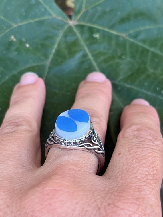 PYREX Blue Dots sterling silver ring adjustable - image 2