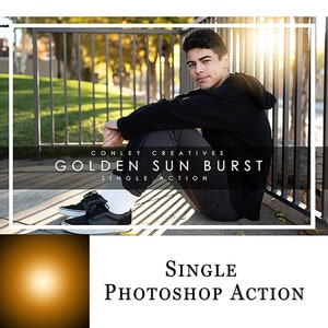 May include: A young person sits on a sidewalk with a metal fence behind them. The sun is shining brightly, creating a golden sunburst effect. The text "GOLDEN SUN BURST" is displayed on the image, along with the words "SINGLE ACTION".