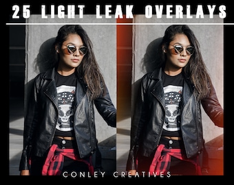 May include: A woman wearing a black leather jacket, a black t-shirt with a skull graphic, and a red and black checked shirt tied around her waist. She is standing in front of a concrete wall with a light leak effect.