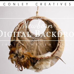 May include: A brown leather newborn basket with feathers and beads hanging from it. The basket is hanging from a rope and is against a white background. The text "Newborn Digital Backdrop" is written in white on the image.