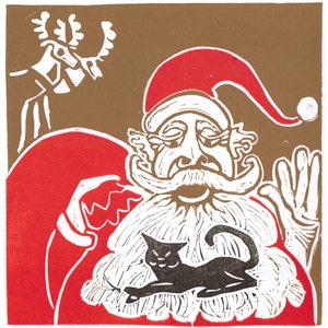 Santa and Inky lino cut print