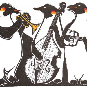 Penguins play Jazz lino cut print