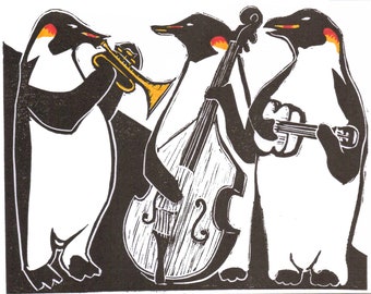 Pinguïns spelen Jazz lino gesneden print