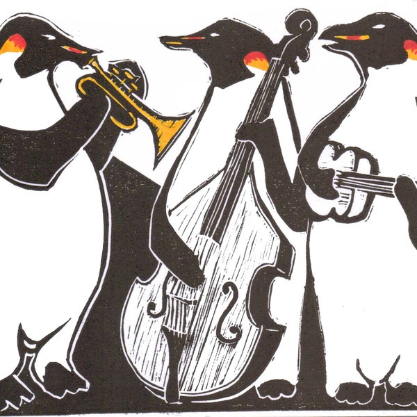 Penguins play Jazz lino cut print