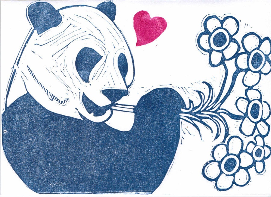 Panda Love Lino Cut Print Etsy