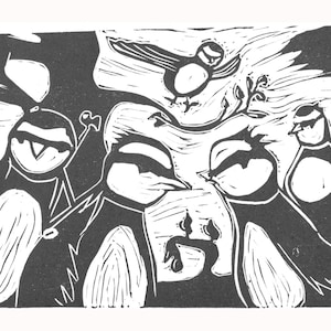 Nuthatch city limits. lino cut print