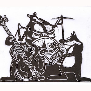 The Jazz Badger Trio playing &#39;so what&#39; in Bb. lino cut print