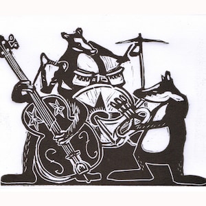 The Jazz Badger Trio playing 'so what' in Bb. lino cut print