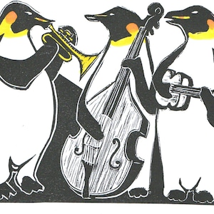 Penguins play Jazz lino cut print