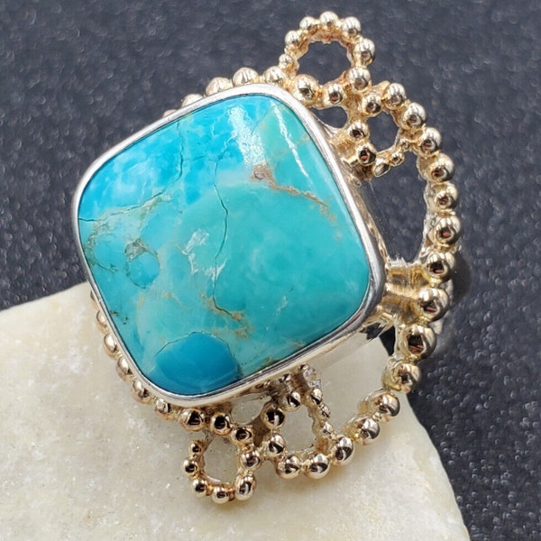 Signed CL Indonesia Natural Turquoise Gold Accent Sterling Statement Ring VIDEO