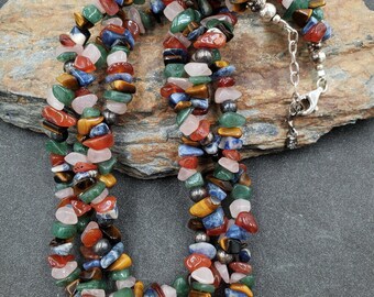 Sally C Treasures 925 Sterling Multi Gemstone Nugget Braided Weave NecklaceVIDEO