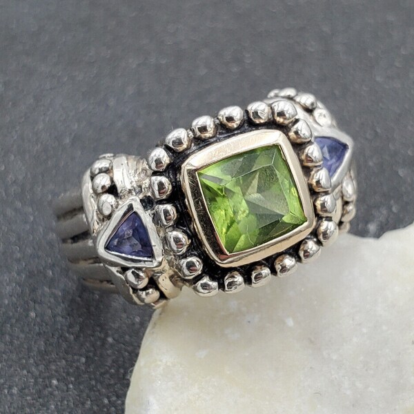 Samuel Benham BJC 18k Gold 925 Sterling Silver Peridot Iolite Ring Size 7 VIDEO