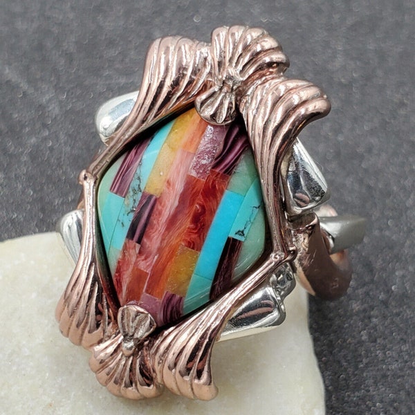 RARE Carolyn Pollack Multi Stone Mosaic Inlay 925 Sterling Copper Ring Sz 9VIDEO