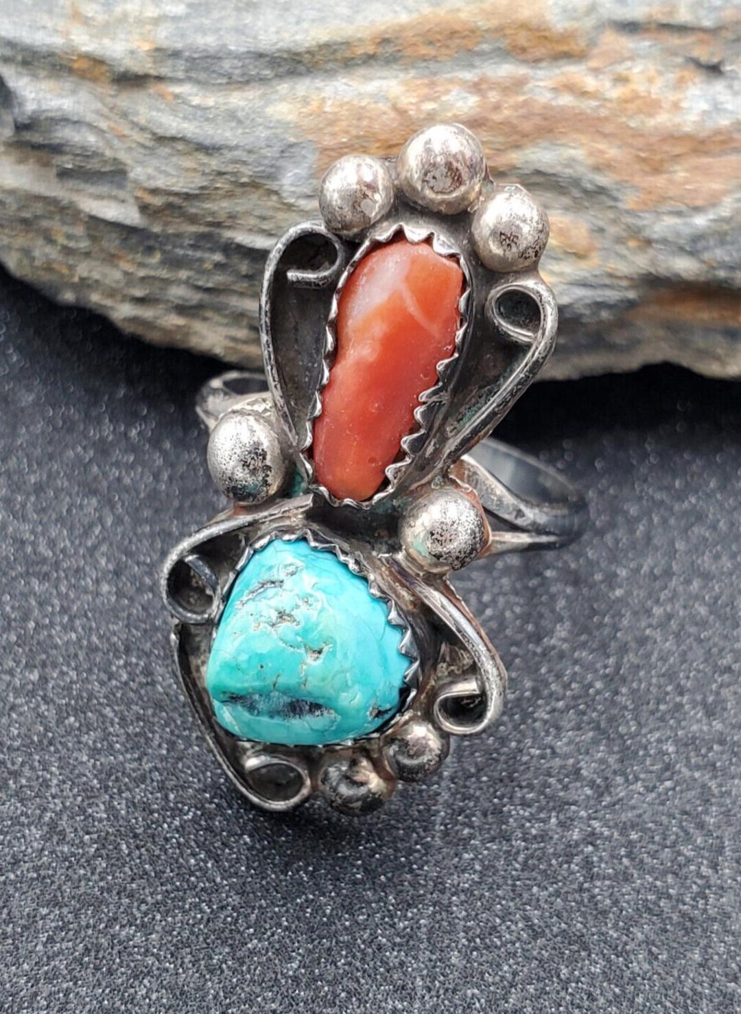 Vintage Native American Navajo Turquoise Coral Sterling Silver Ring Sz5 ...