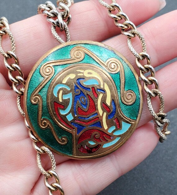 Tara of Dublin Ireland Enamel Celtic Book of Kells Bird Pendant Figaro Necklace
