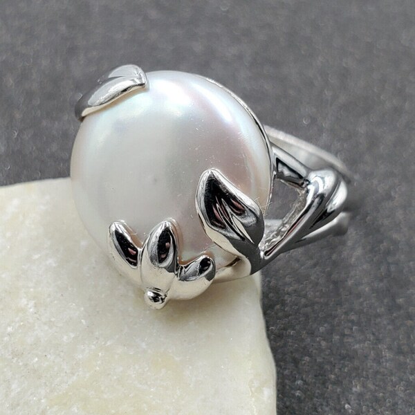 Honora Cultured 14.0mm Coin Pearl Vine Design Sterling Silver Ring Sz 9.25 VIDEO
