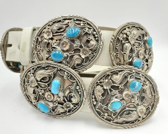 Vintage Old Pawn Navajo Natural Bisbee Turquoise Nickle Silver Concho Belt