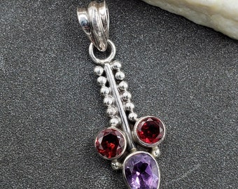 Estate Amethyst & Garnet Granulated Bead 925 Sterling Silver Bali Pendant VIDEO