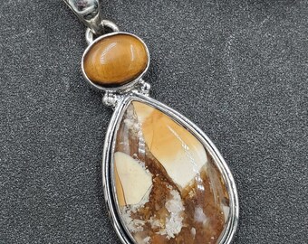 Estate 925 Sterling Silver Tigers Eye Brecciated Mookaite Teardrop Pendant VIDEO