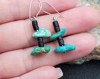 Vintage Native American Navajo Turquoise Black Heishi Bead Drop Earrings VIDEO