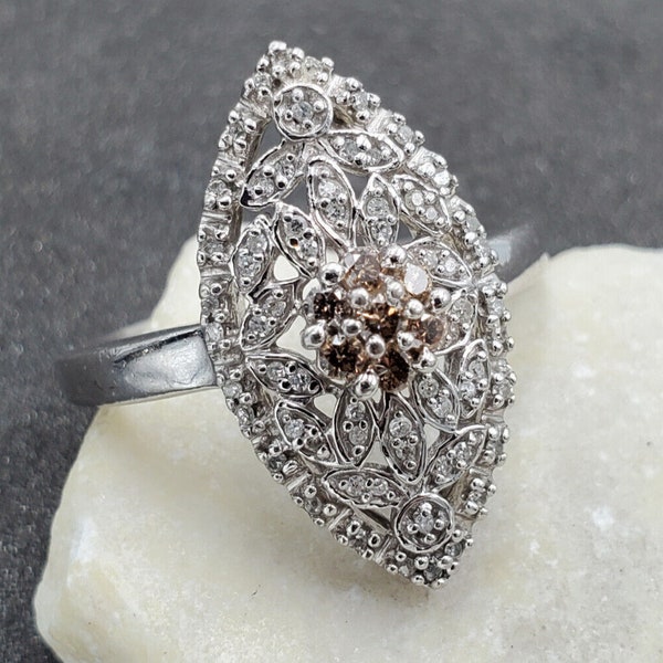 Kay Jewelers Champagne & White Diamond 925 Sterling Victorian Navette Ring VIDEO