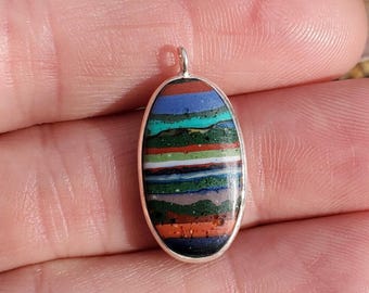 Estate Rainbow Calsilica 925 Sterling Silver Oval Pendant