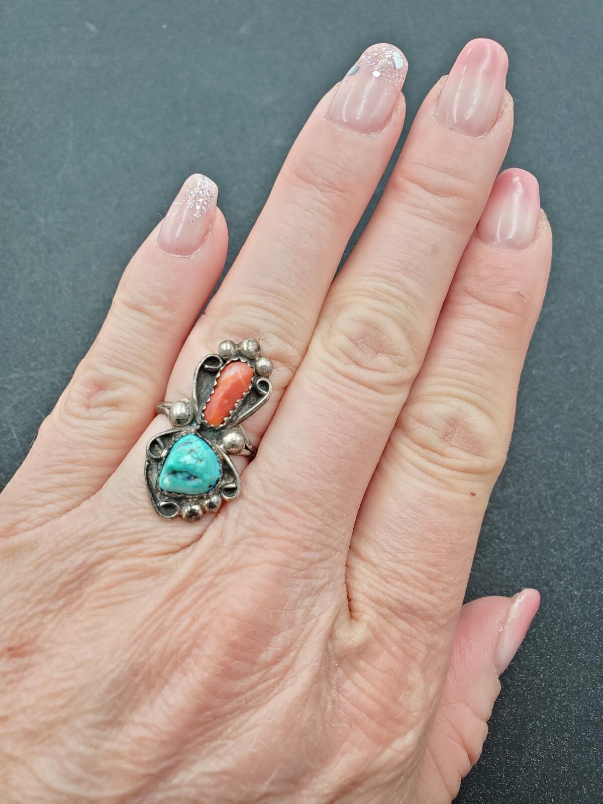 Bague Ethnique Vintage En Argent 850, Turquoise Et Corail - Style Navajo/Amérindien, Taille 52, Occasion En Bon état