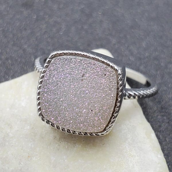 Estate Signed PCJH 925 Sterling Silver Light Pink Druzy Quartz Solitaire Ring 9