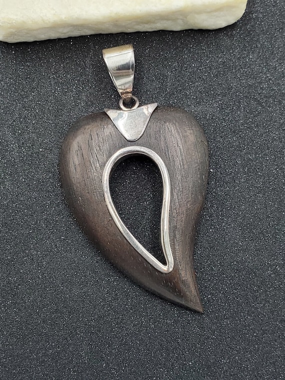 Estate Sono Wood 925 Sterling Silver Heart Pendant