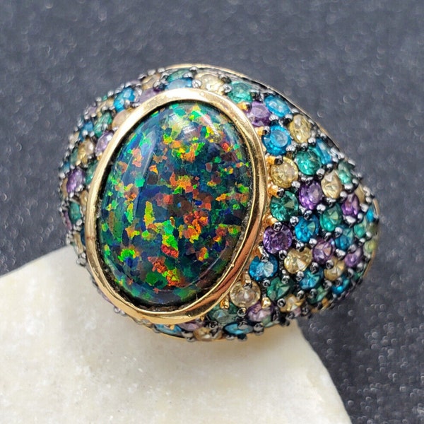 UTC Gold Vermeil Sterling Lab Created Black Opal & Multi Gemstone Ring 10 VIDEO