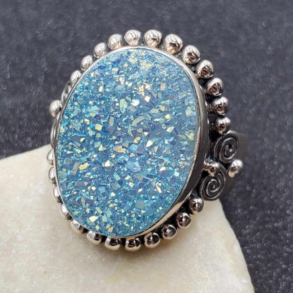 Estate Sajen Blue Druzy Quartz 925 Sterling Silver Ring Size 10 VIDEO