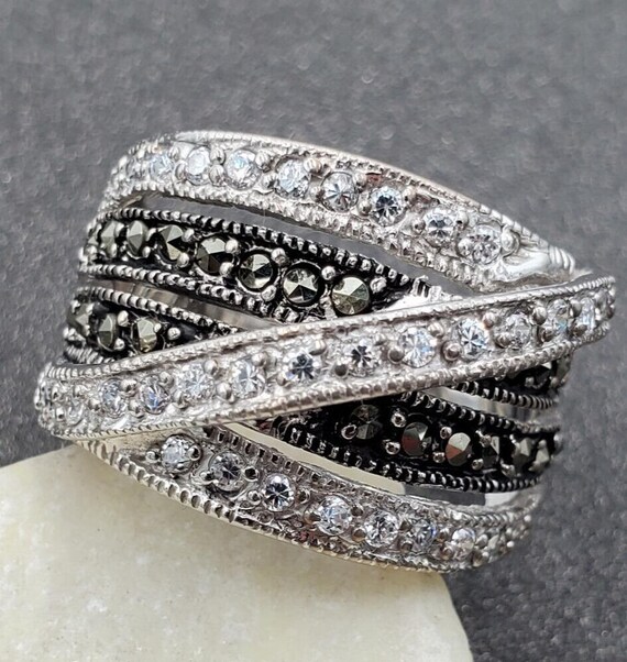 Ken Craft 925 Sterling Silver CZ Marcasite Crossover Band