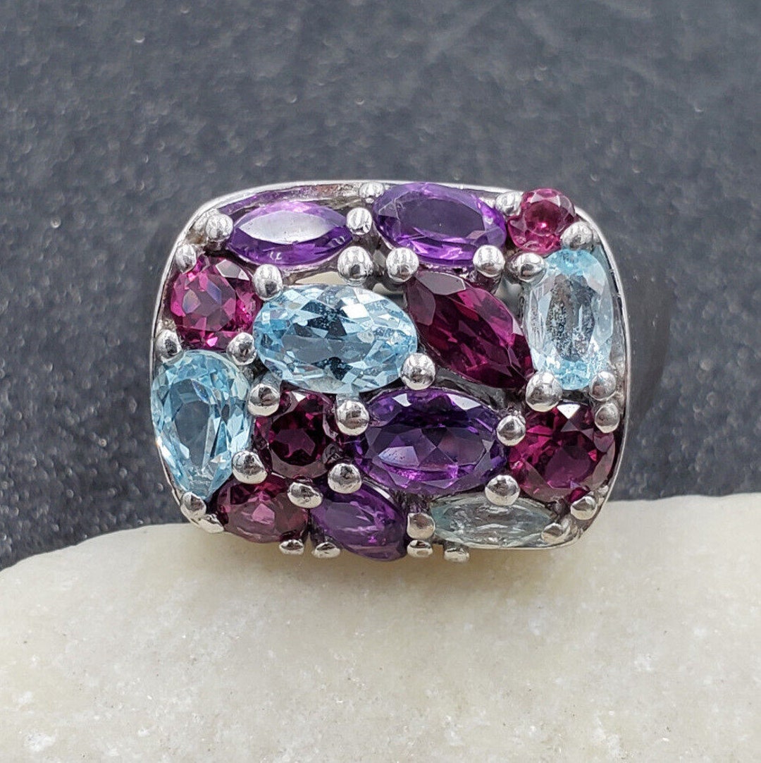 Buy QVC Rhodolite Garnet Amethyst B. Topaz Sterling Silver Cluster Ring ...