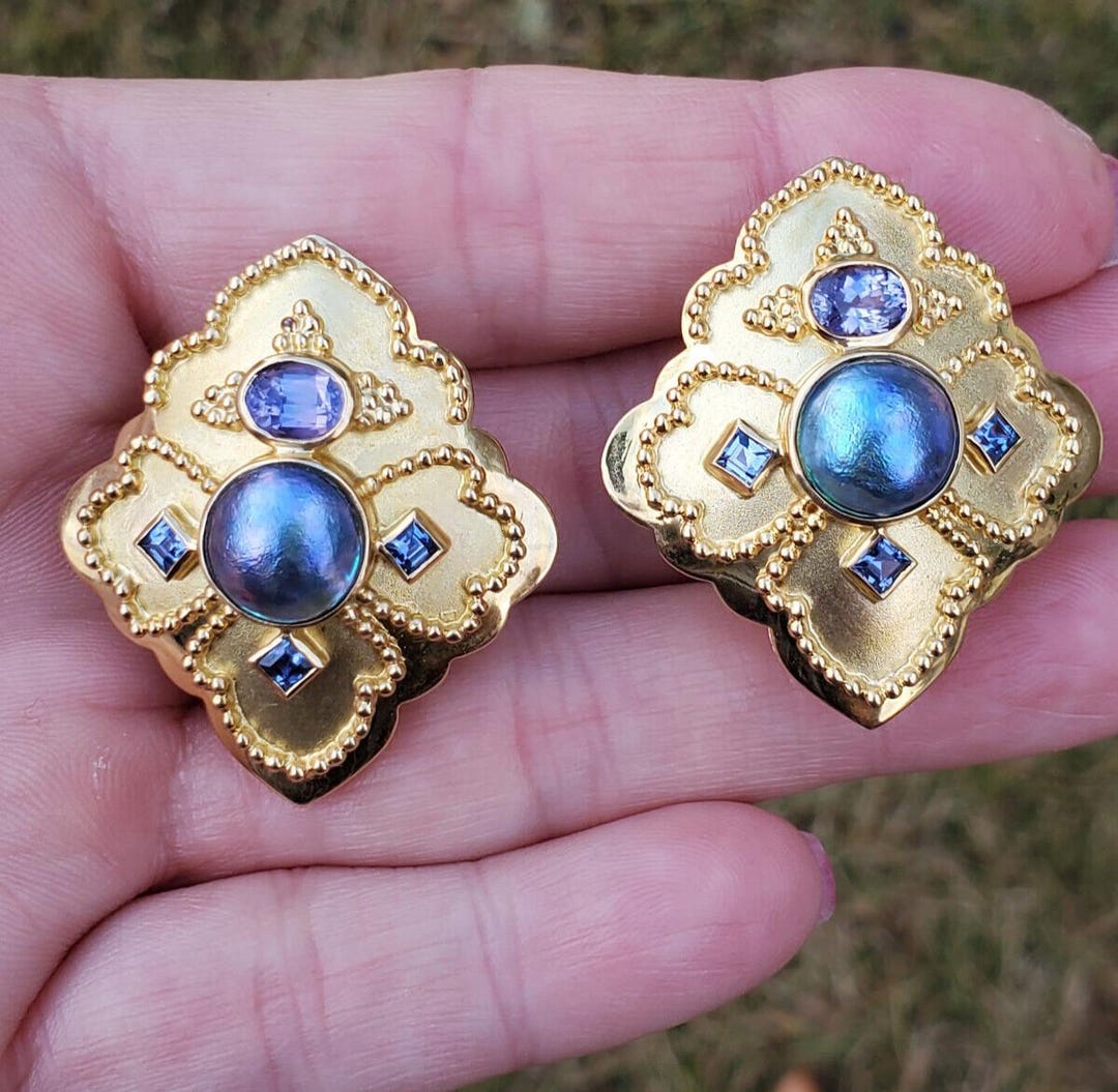 Paula Crevoshay 18k Yellow Gold Blue purple Mother Of Pearl Gemstone paula-crevoshay-18k-yellow-gold-blue-purple-mother-of-pearl-gemstone
