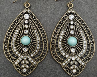 Nachlass Vintage Boho Kristall Filigrane Teardrop Bronze Ohrhänger Ohrringe