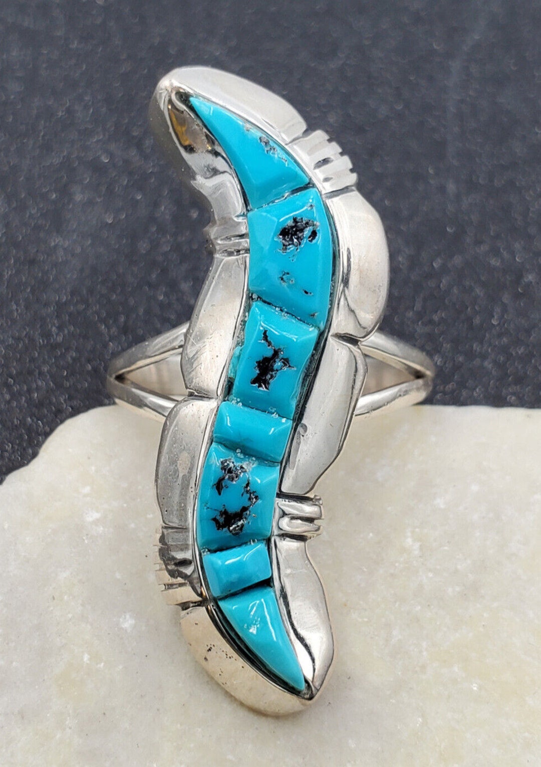 Native American Running Bear Turquoise Inlay 925 Sterling Silver Ring 9 ...