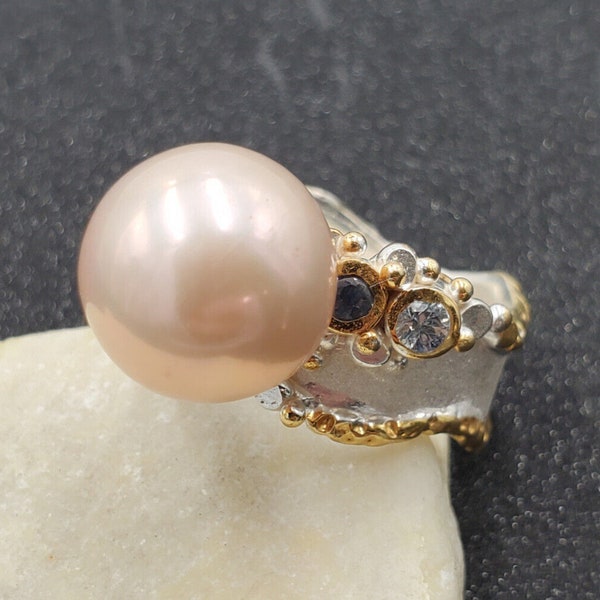 Estate 12mm Pink Pearl Blue & Sky Blue Topaz Gold Accent Sterling Ring 7.75VIDEO