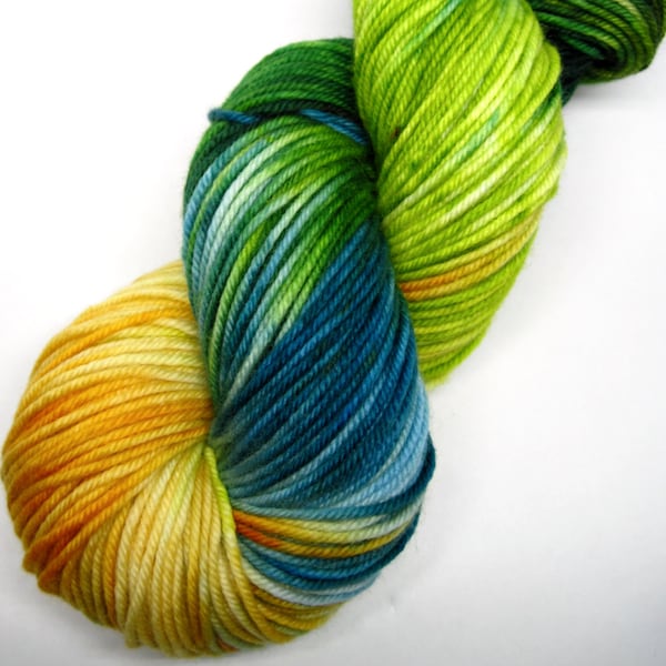 hand dyed yarn, hand painted yarn, handpainted yarn, superwash merino yarn, kettle dyed yarn, dk weight, blue green yellow, sweet breeze air