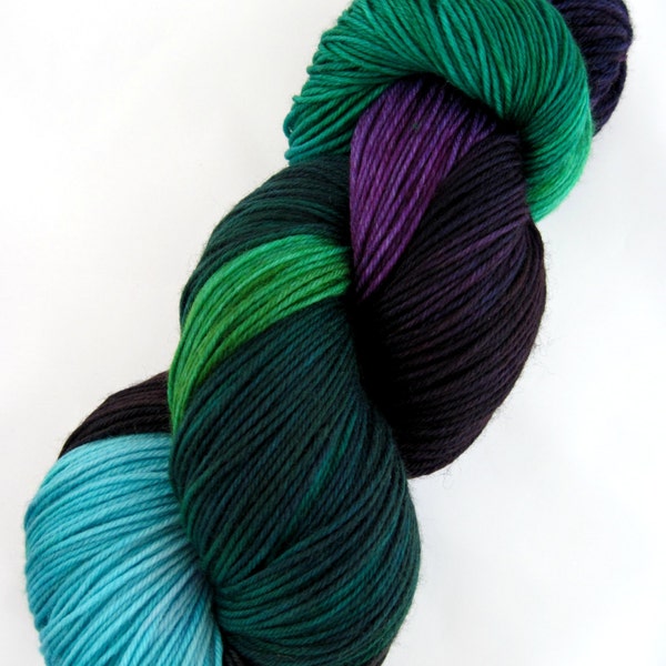 hand dyed yarn, hand painted yarn, handpainted yarn, superwash merino yarn, kettle dyed yarn, fingering, sock yarn, green turquoise purple